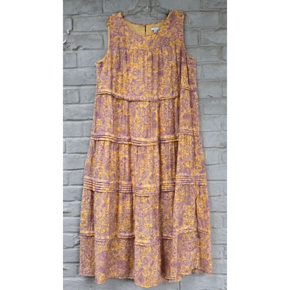 J. Jill Yellow Purple Paisley Tiered Maxi Dress Pleated Sleeveless XL Tall - Picture 2 of 9